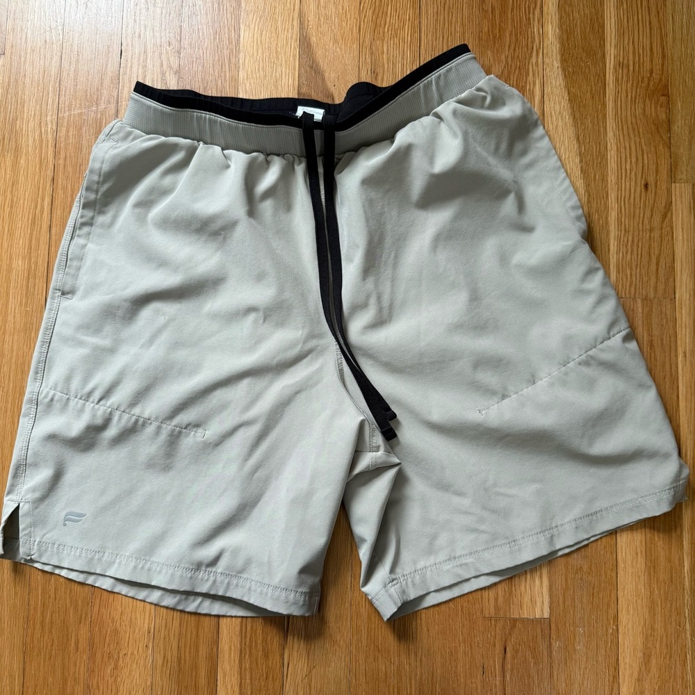 Fabketics Taupe Shorts with Black Waistband and Drawstring 7 inch